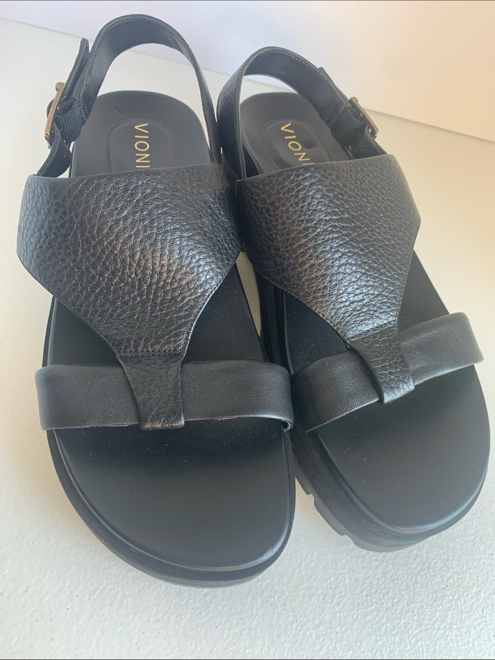 Vionic Black Leather Wide-Strap Slingback Sandals